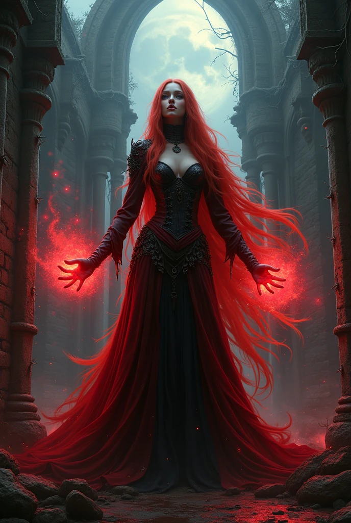 Gothic heroine with long red hair wielding red telekinetic magic powers 