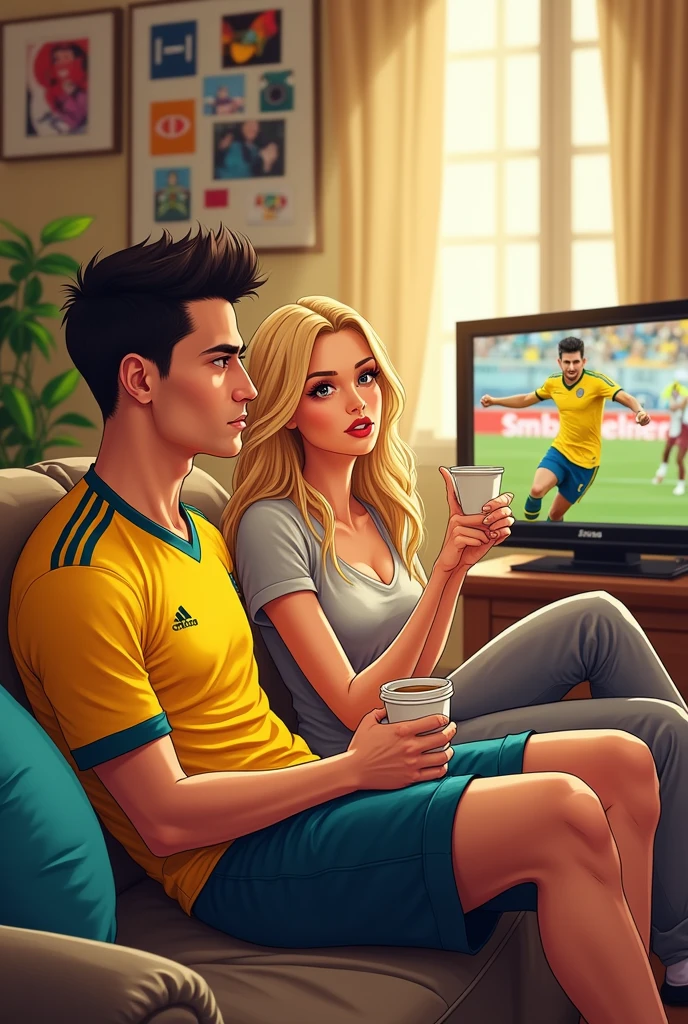 I want you to draw James Rodríguez wearing the Colombian jersey in the living room with Britney Spears watching television while drinking coffee, in anime style. 