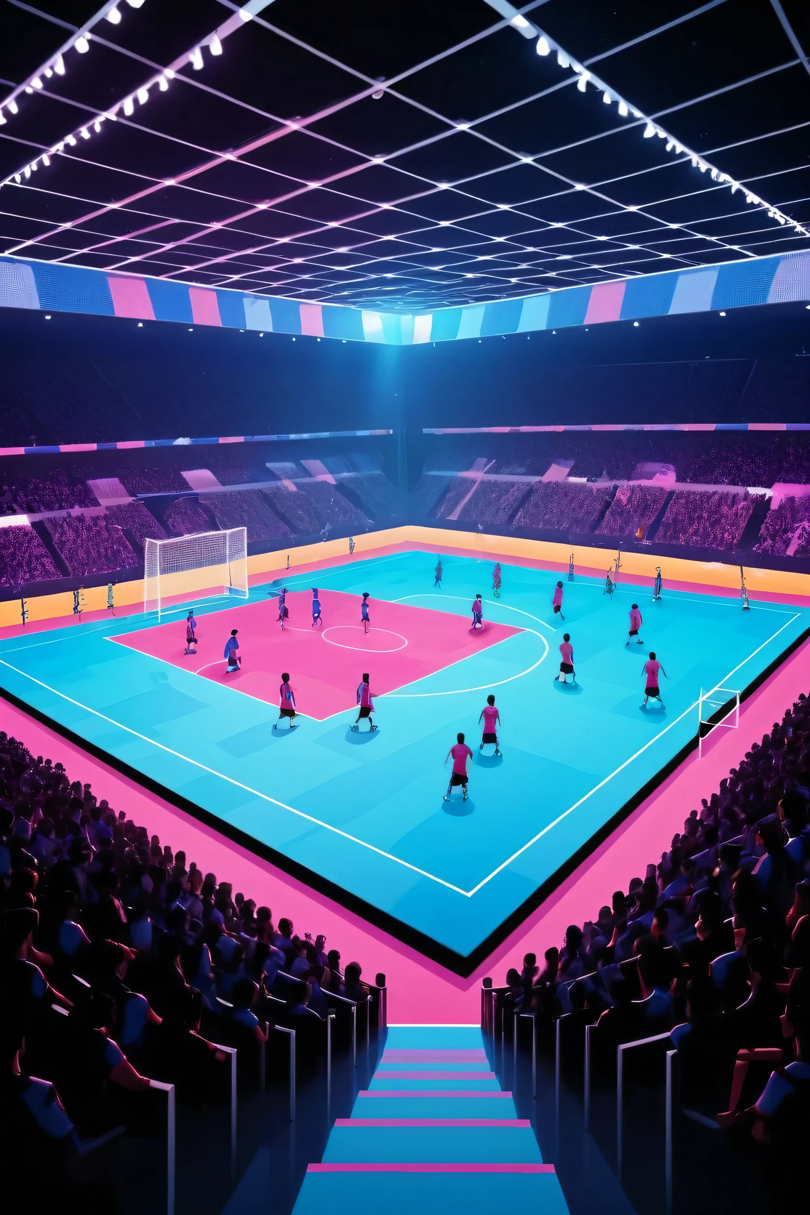 image of a futsal court full of fans, colorful image with the appearance of a virtual cyber game