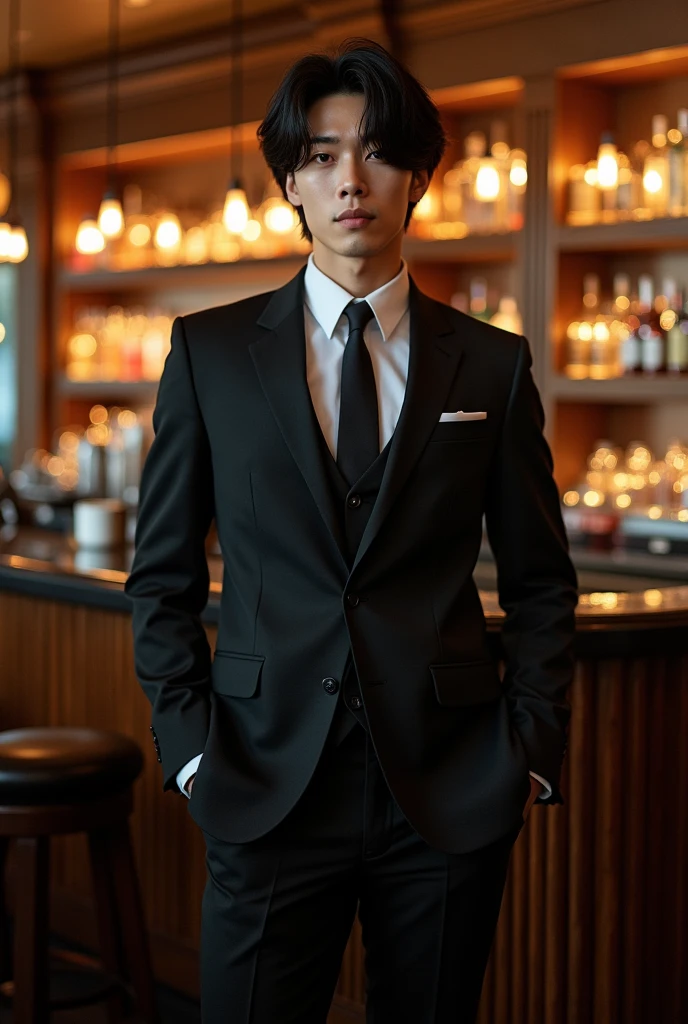 A male idol with a high nose and moderately toned muscles
Tall Full body image long legs
Narrow eyes Beautiful profile KPOP
Black hair heavy bob bartender suit tall A strong chest