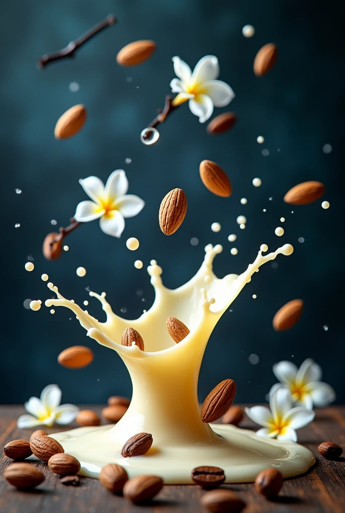 vanilla splash , with almonds split in half in the air coffee scattered ,
in a dark blue vanilla environment , with jasmine flowers and also sandalwood