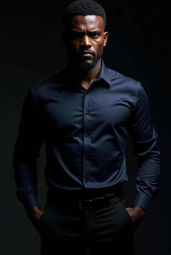 A black man standing in the dark wearing a dark blue shirt and black pants with a mean look on his face.