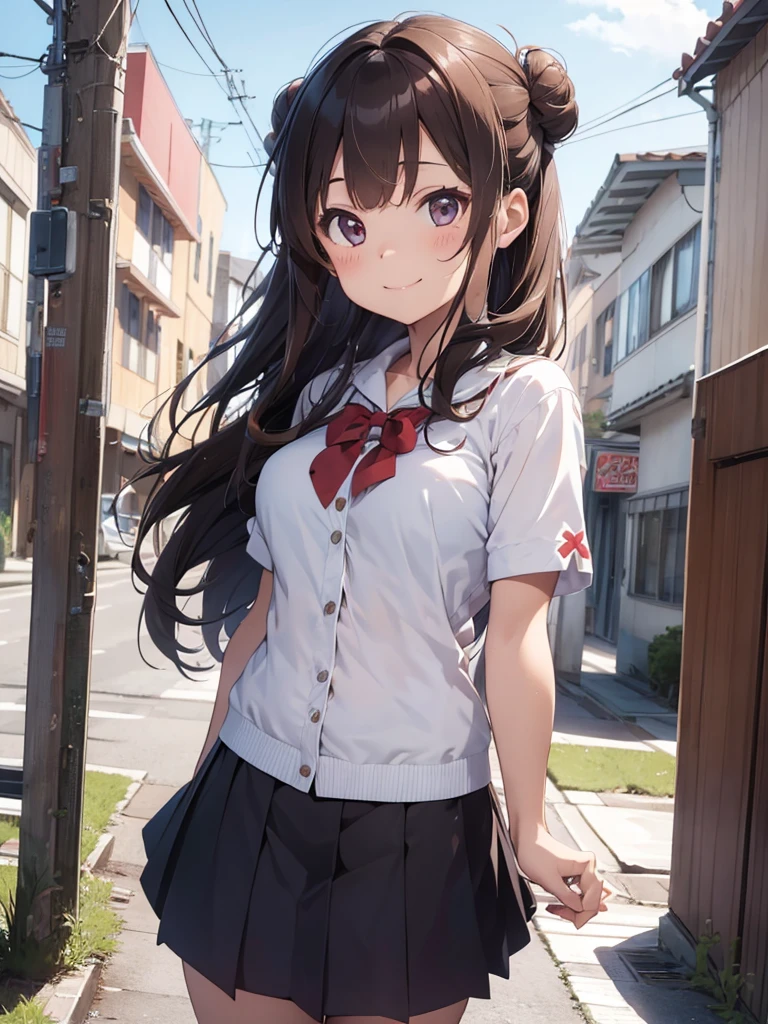 one person, Chestnut Hair, Half Up,Large Breasts, smile, Droopy eyes, perspective, Height: 165cm,High School Uniform,Anime Style, Nice body,Knee-length skirt,Healthy sex appeal,High resolution, Anatomically correct, 最High quality, Damaged, detail, High detail, High-resolution model, High quality, quality, Very detailed, Ultra high definition, Textured skin, Hair blowing in the wind, Deco bangs, Three-bun updo, happiness, Viewfinder, smile, multiview, 