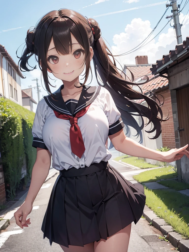 one person, Chestnut Hair, Half Up,Large Breasts, smile, Droopy eyes, perspective, Height: 165cm,High School Uniform,Anime Style, Nice body,Knee-length skirt,Healthy sex appeal,High resolution, Anatomically correct, 最High quality, Damaged, detail, High detail, High-resolution model, High quality, quality, Very detailed, Ultra high definition, Textured skin, Hair blowing in the wind, Deco bangs, Three-bun updo, happiness, Viewfinder, smile, multiview,