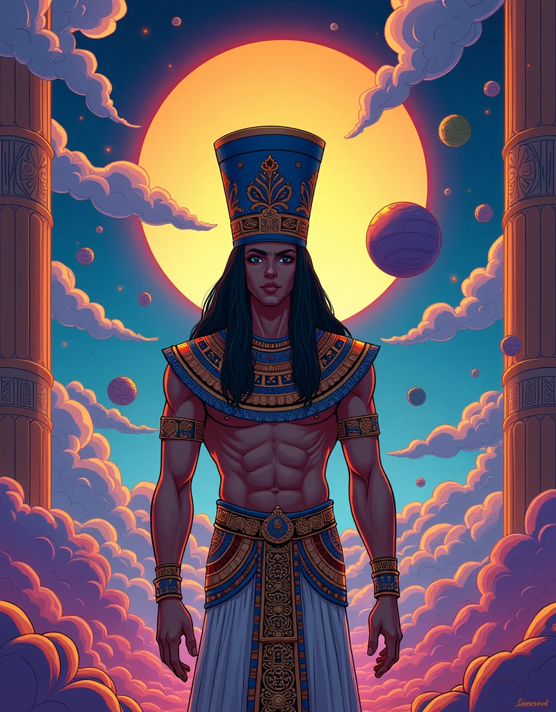 Ancient Egyptian Art of a Charismatic by Zhou Fang, anime line art, hatbox, verbalism, psychedelic art, surrealism, triadic colors