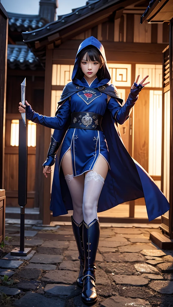 South korea ninja women mystery hooded on with modern royal Blue coat with long and wide sleeves with buttons and royal Blue cape and very high white heel over the knee and white gloves, As she reveals a small secret hidden blade coming from his palm , adding to the character's mysterious and agile appearance, with small movements of air on the cape, jump from roof to roof, in summer at night under the rain,medieval south korea house. sophisticated and highly detailed, ultra hd, realistic, hyper detailed, enhanced colours, ultra sharp focus, with vibrant, rich in details High quality, gorgeous, captivating, 8k, super detailed, stunning shadows, detailed lines, ready to make a murder