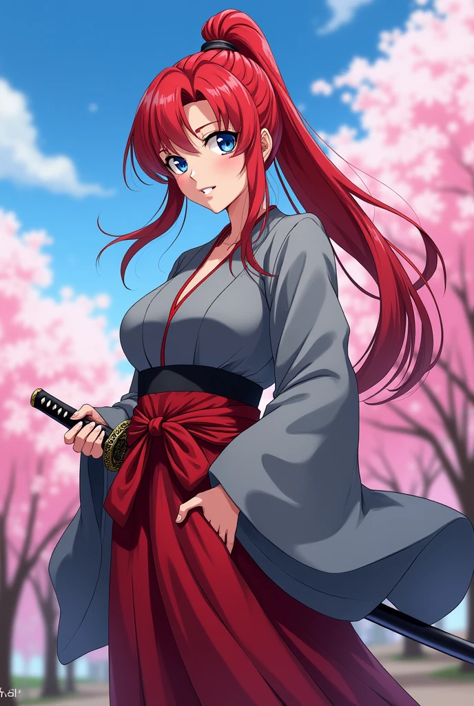 Anime, Japanese woman in a kimono, with blue eyes, red hair, long hair in a ponytail, gray hakama, scarlet clothing, a Japanese sword on her left hip, large breasts, large buttocks, with slightly emphasized chest, and sharp eyes.