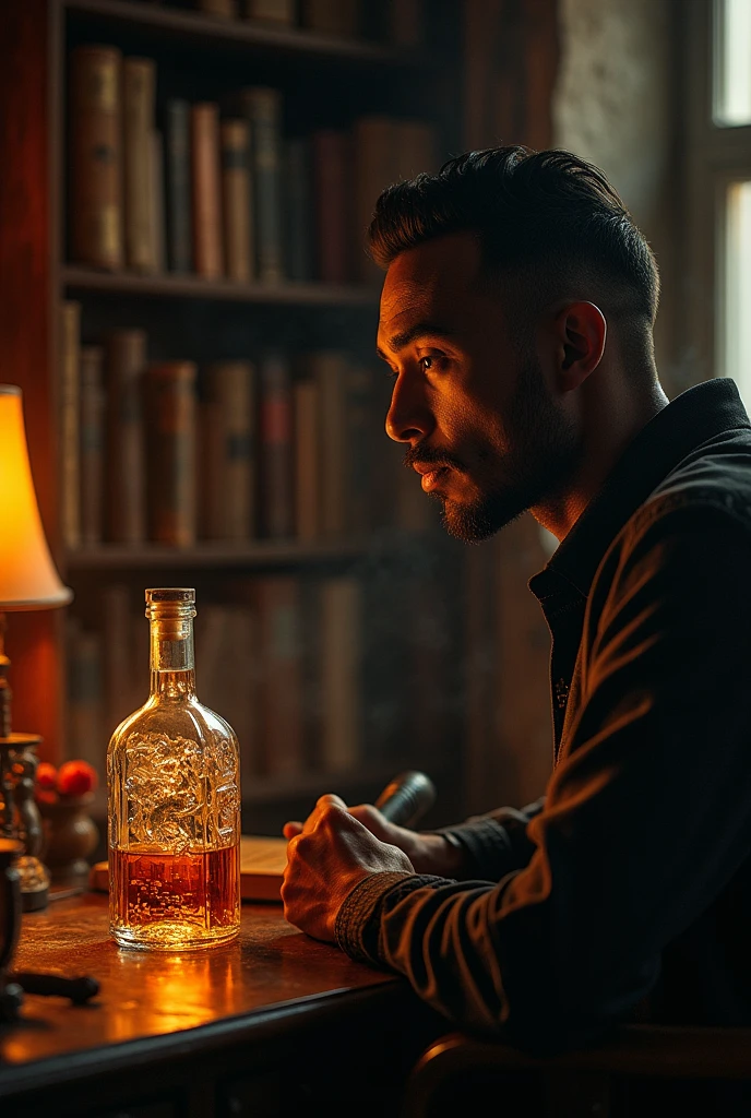 Thin, dark-skinned man looking in his mind at a bottle of Antioquian brandy