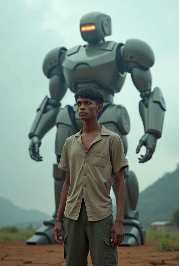 A dystopian future in Colombia where AIs win and there are few natural resources left. A 35-year-old HUMAN MAN, has brown eyes, long and angular face, short black hair, tez morena. Wear a worn-out PAJAMA top and pants that fit snugly and COVER THE SKIN. They have a devastated face.. It faces the physical embodiment of artificial intelligence in the form of a machine