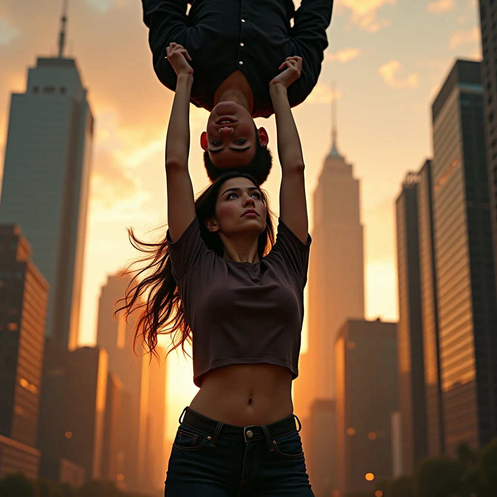 Teenage Kristin Kreuk as Lana Lang lifting a large man high above her head with her strong arms. Photorealistic. Wide angle. City skyline in the background.
