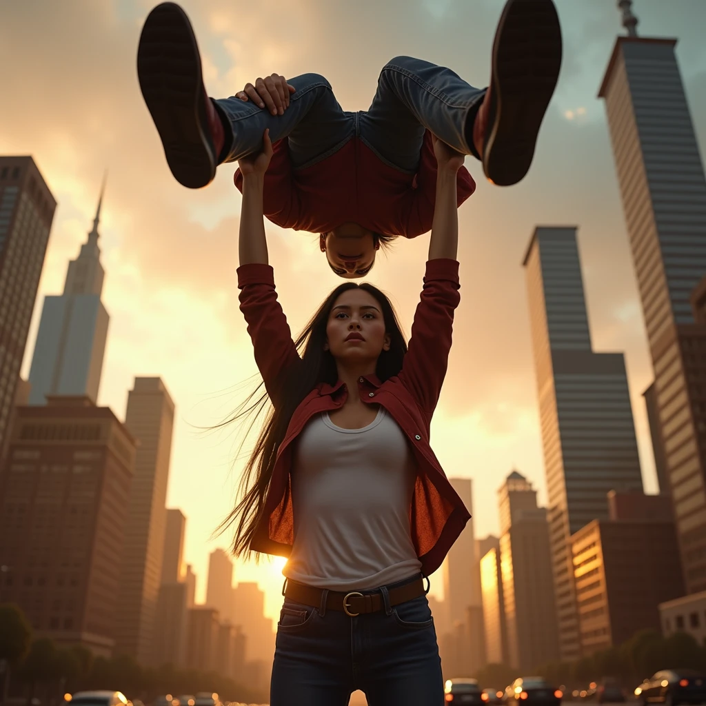 Teenage Kristin Kreuk as Lana Lang lifting a large man high above her head with her strong arms. Photorealistic. Wide angle. City skyline in the background.