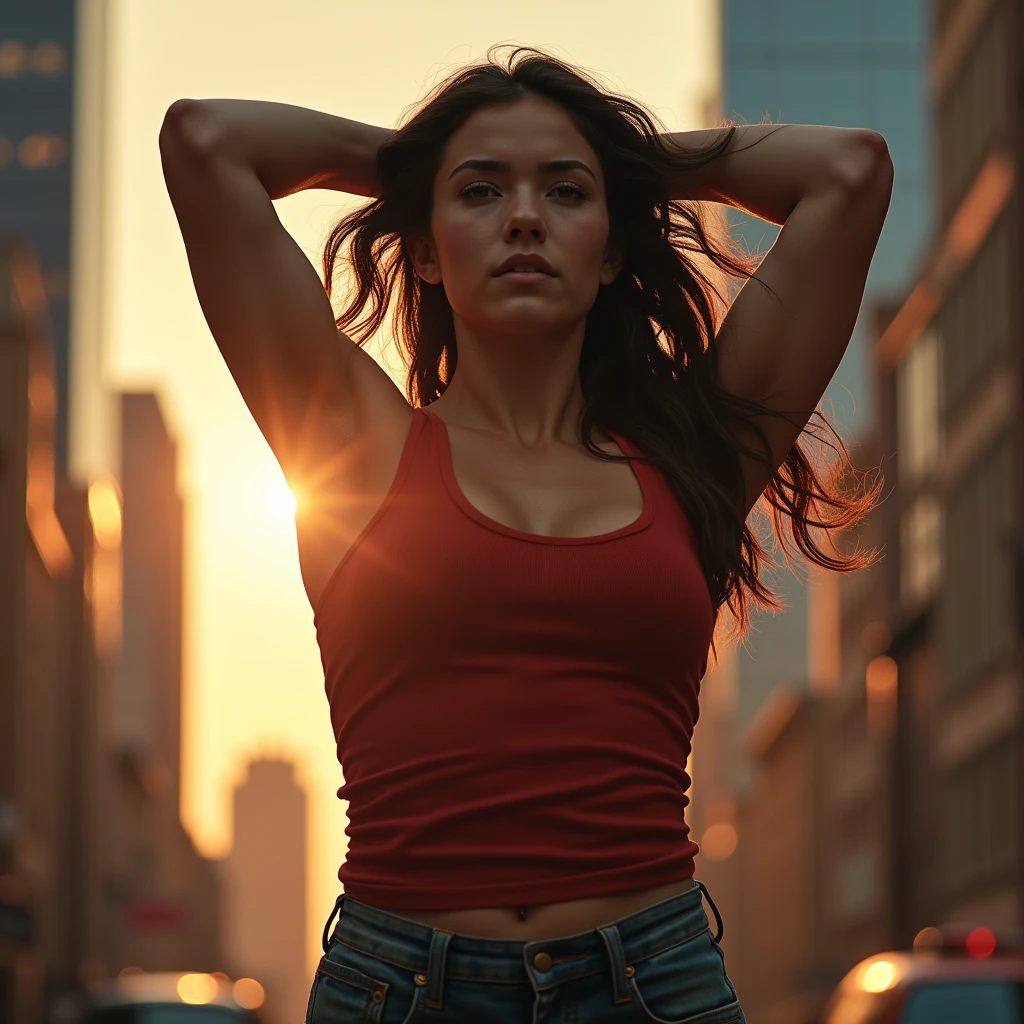  Kristin Kreuk as Lana Lang lifting a large man high above her head with her strong arms. Photorealistic. Wide angle. City skyline in the background.