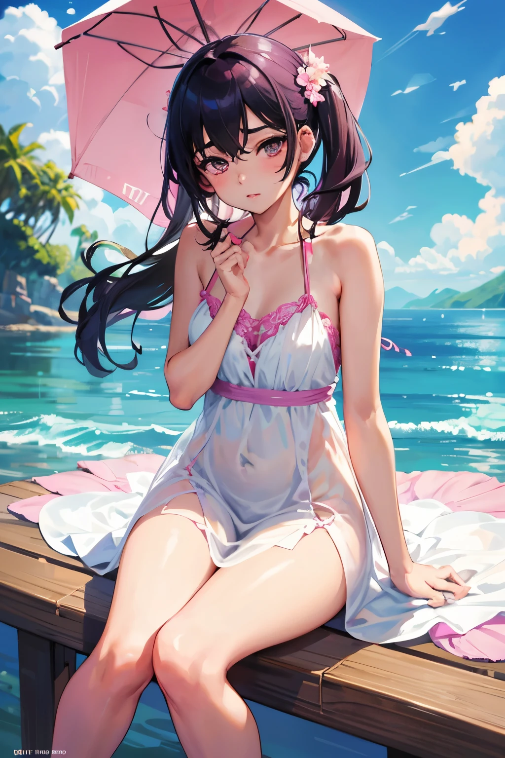 Beautiful and attractive woman in fashion trends, whole body: 1.6, Holding flowers, Random Hairstyles, sit under a parasol, By boat, Tight slip dress in random colors, Hair blowing in the wind, Blue sky and white clouds, Delicate and sexy collarbone, Cover your chest, Attractive goose face, double eyelid, Clever pink eyes, pink lips, small, upturned nose, Exposing shoulders, Concentrated face, Face close-up, Ultra-high resolution, Super Detail, Ultra-thin transparency, Fresh and delicious, See through, pink