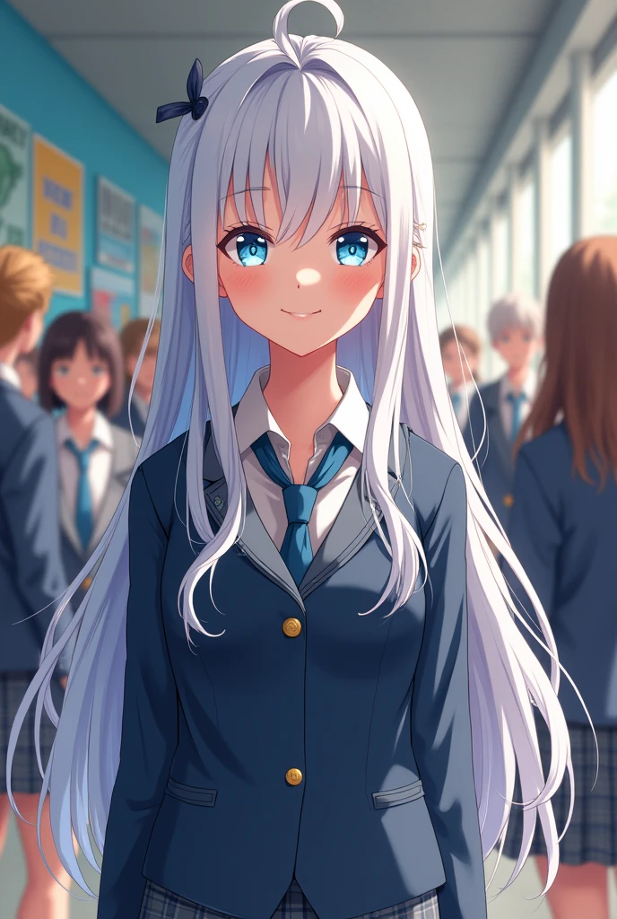 A 16-year-old girl from My Hero Academia school wearing the UA uniform with white, very wavy hair, large breasts, a very curvy body, light blue eyes with eyelashes, very beautiful, smiling