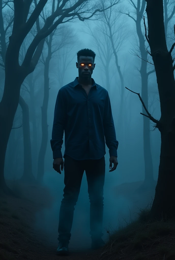 A spirit of a black man standing in the dark wearing a dark blue shirt and black pants with a mean look.