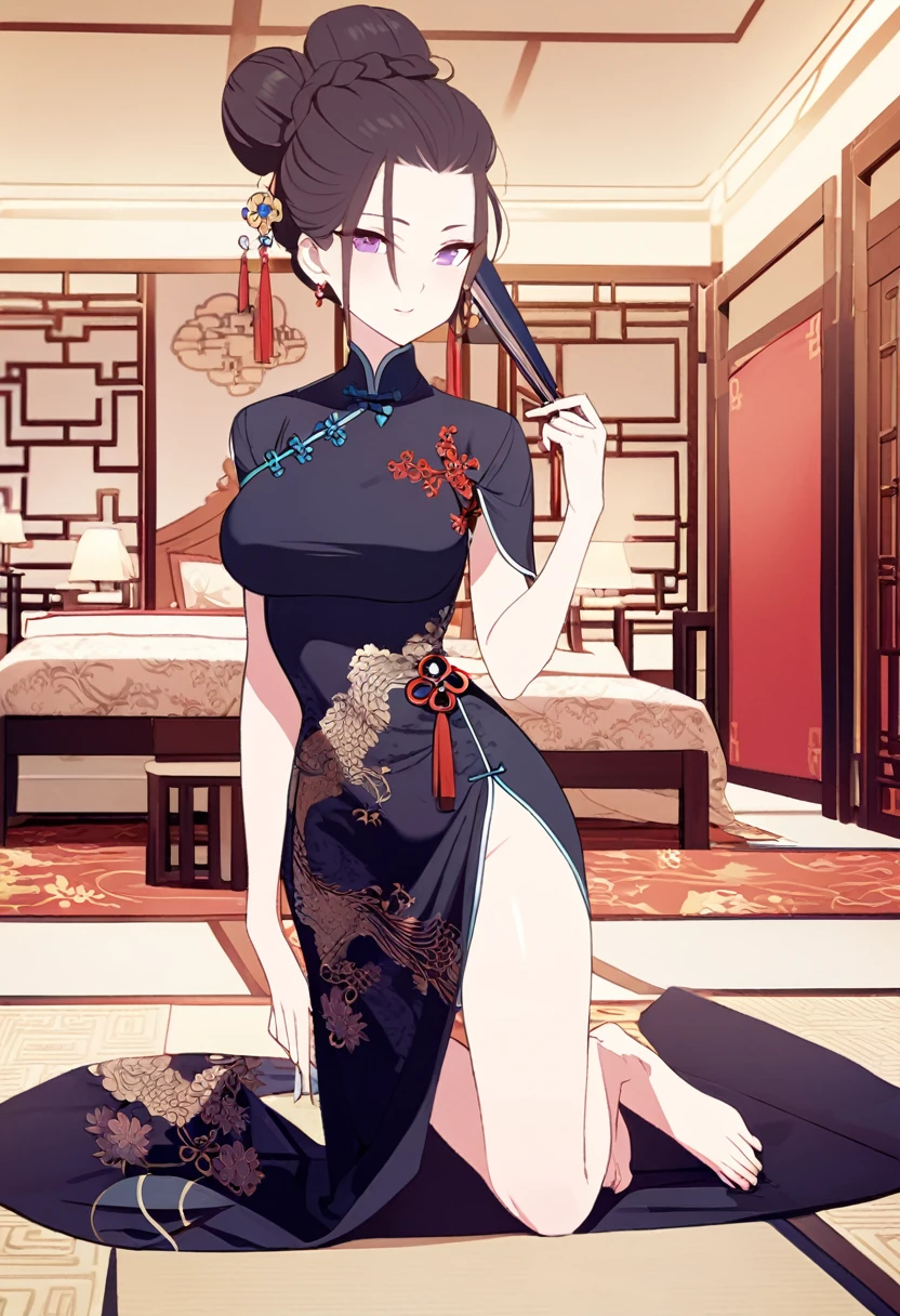 woman, solo, 30years old, ((long hair)), Bun Head, china dress, 長いchina dress, slit, ((deep-slit china dress)), Bare feet visible through a slit in her dress, A room decorated with traditional Chinese motifs, Holding a fan at her waist, Stiletto heels, A luxurious rug covers the floor, looking at viewer, Landscape, closed mouth, full body, Clear skin, Her hair is tied back in a bun, large breasts, no panties,