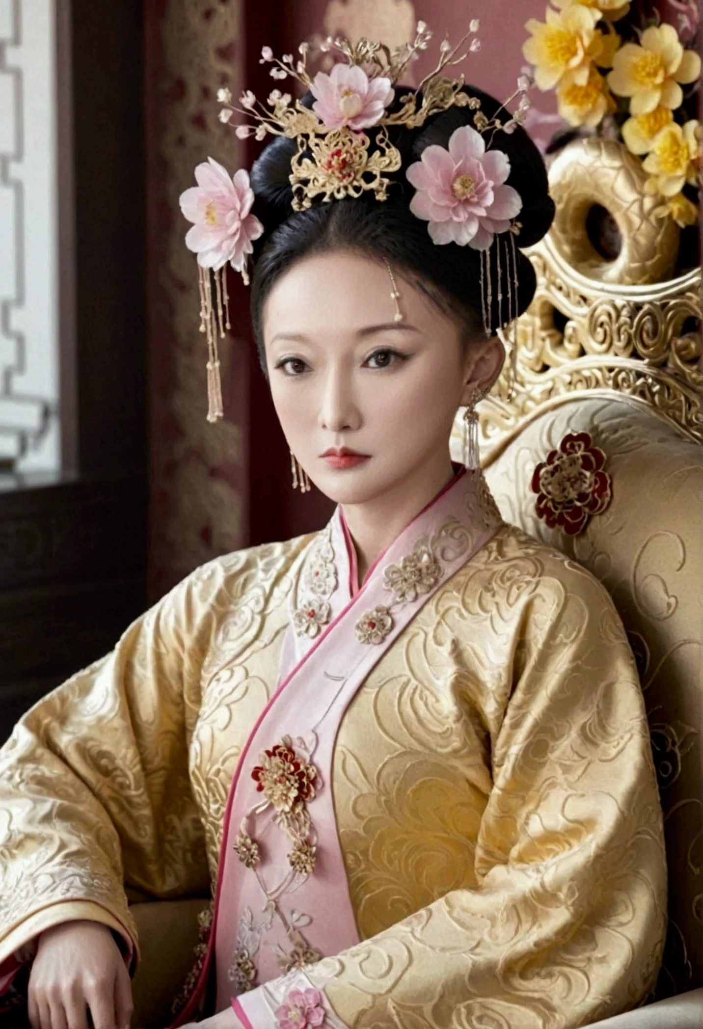 The naked front or seen appearance of a luxurious Empress from the Qing Dynasty of China, sitting on a large golden sofa., Large breasts and a pornographic pose, her hair tied on both sides、A beautiful hairpin and flower ornament, the Empress of China、Hair tied in the back, a perverted and erotic female background、The setting is the luxurious room of the Empress in the Qing Dynasty palace of China。.。