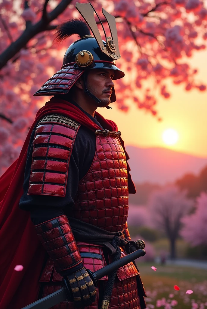 photorealism Man warrior samurai on Red armor sunset and Japan cherry tree 4k wallpaper