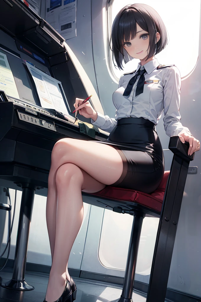 (masterpiece), 4K,woman, stewardess,Small breasts,Small Ass,Black hair bob cut,Natural light,Realistic, skinny, Amis Stockings,smile,sit,((Knee-length pencil skirt)),Inside the plane