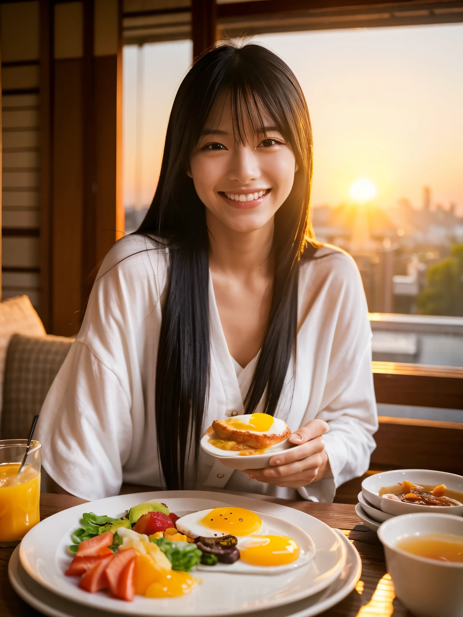 A Japanese woman with long black hair eating breakfast
Sunrise
A big smile