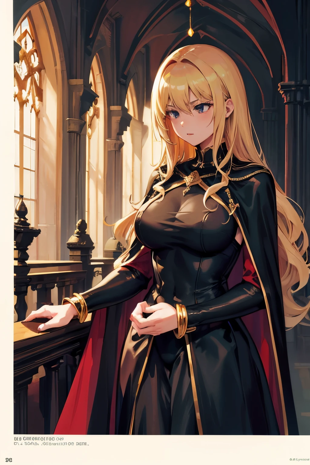 Dark Souls, Dim Light, Old Church, Mature Woman, slim, expensive, Long blonde curly hair, Long black cape, Red leotard with long skirt, Long skirt with diamonds, Gold bracelet, 8k, Official Style, European aristocracy, 