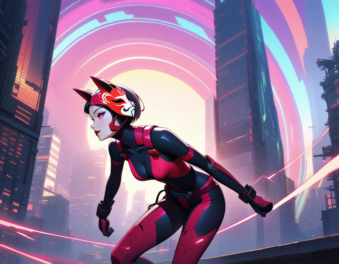 In a dystopian cyberpunk cityscape bathed in neon hues and moonlit shadows, a cyborg female ninja stands out as a stark silhouette. Her face is obscured by an ancient Inari fox mask, adorned with vibrant red lines on a white background, as she hurtles forward at breakneck speed. The wooden mask's intricate details seem to glow with a soft luminescence in the pale moonlight, while her lean, athletic physique appears to be propelled by some unseen force. The city's towering skyscrapers loom behind her, a testament to humanity's fleeting grasp on innovation and progress. A sensual profile with a crazy smile on her dark red lips., masterpiece, incredibly absurd resolution, absolutely resolution, ultra high resolution,