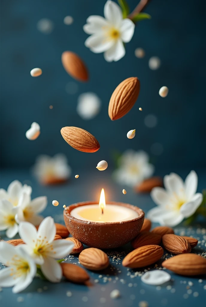 vainilla , with almonds split in half in the air coffee sand ,
in a dark blue vanilla environment , with jasmine flowers and also sandalwood