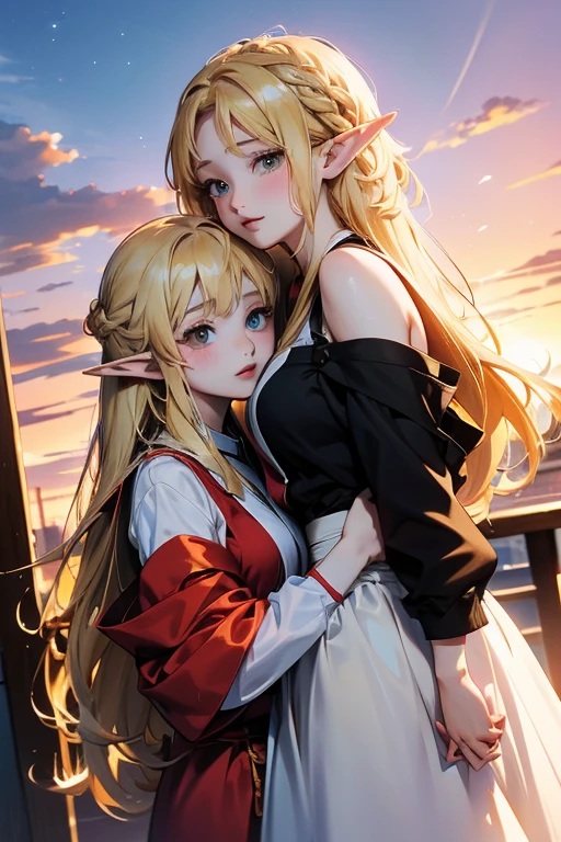 (anime) (anime style) (master piece) (best) (draw) (manga) (long hair) anime kiss of couple (two girls), (1 elf girl blonde hair), (1 human girl black hair), in love on sunset sky background full body