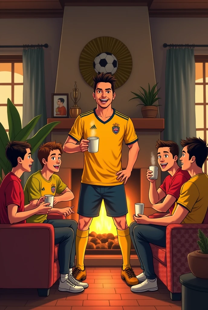 I want you to draw James Rodríguez wearing the Colombia jersey in a living room with many people watching the fireplace and drinking coffee, anime style.