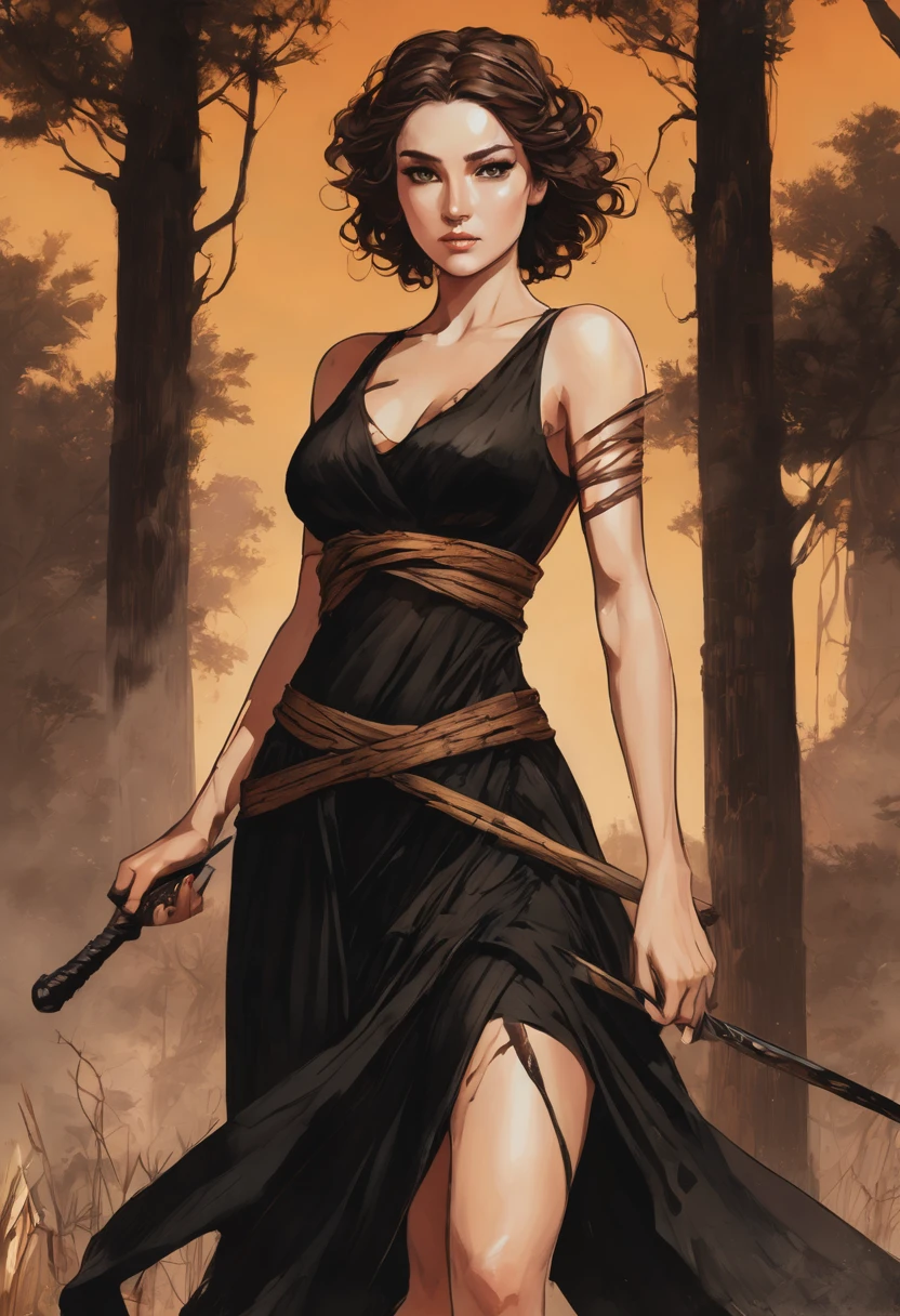 A Goddess of nature that has short and brown hair, has brown eyes, Tanned, beautiful, wears a below the knee length black dress, has scars and bruises on her legs and arms, and her left eye is stabbed with a piece of wood.