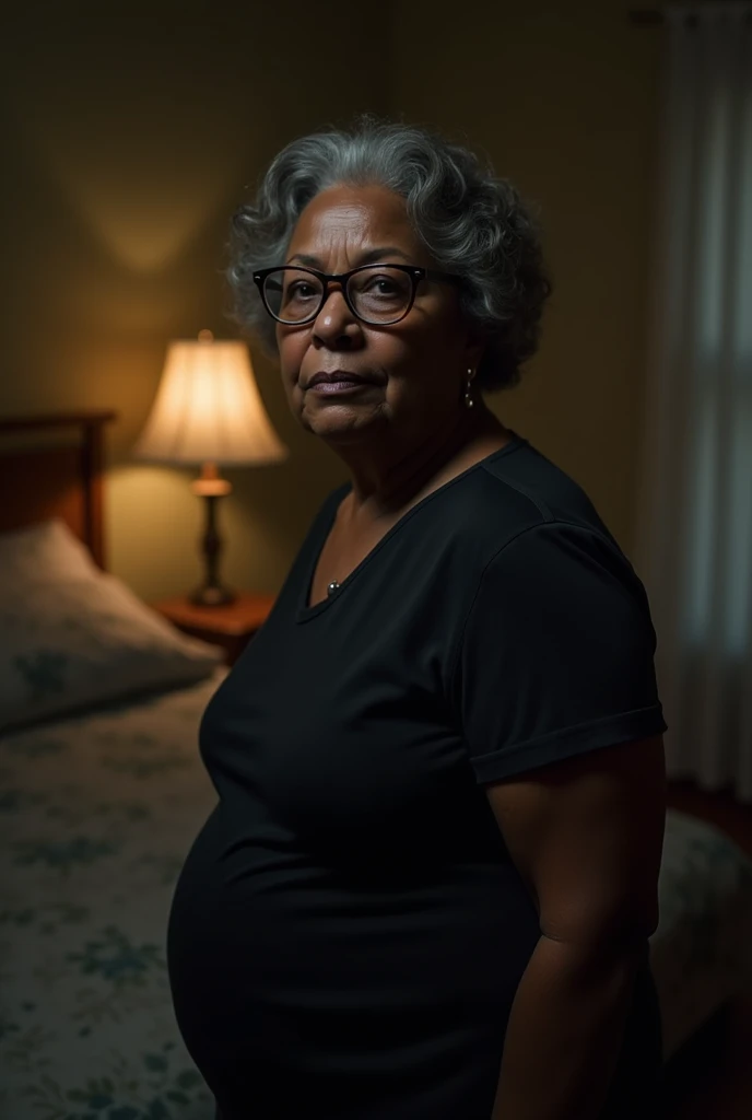 A 65-year-old black woman wearing prescription glasses, weighing 78 kilograms distributed over a body with 170 centimeters in height, with large, saggy breasts, wide hip, thick legs and thighs. She has an expressive face with lines of time from age, small mouth, brown eyes with a serene and suffering look, very light brown eyes and wavy gray hair. She is standing naked beside a bed in a humble and precarious room at night..