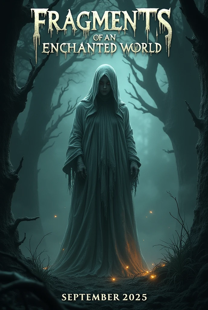 Create a horror poster with the title "fragments of an enchanted world" with a release date for September 2025 appearing