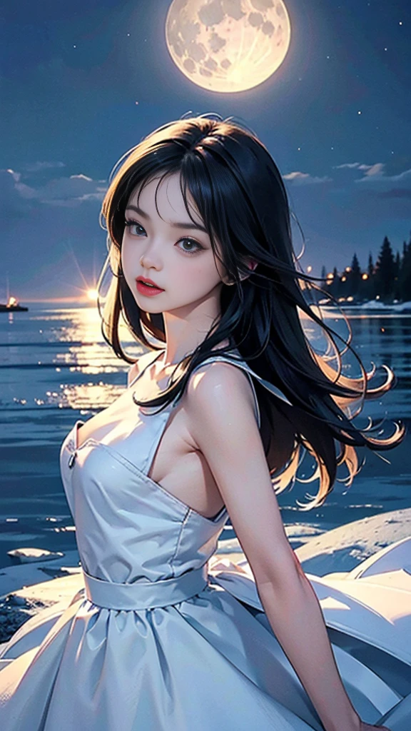 "(((1 Beautiful super sexy:1.8))), 20 years old young girl, ((Wearing a blue bikini，With sexy white lace trim:1.7)), (((A transparent bikini can see every part of a sexy girl's body:1.7))), ((Dress with diamonds:1.7)), ((Long black hair:1.6)), Jewelry crafted from gemstones and beautiful hair, Noble, The noble style of extremely beautiful girls, Her little face is super cute, Her face is beautiful, Thin eyebrows, flawless and beautiful face, ((black eye pupil: 0.8)), verybeautifuleyes, ((Silver eyes: 1.6)), (((Big round eyes:1.6))), Beautiful makeup and hair detailed eyelashes, Hot eye makeup, High nose, Earrings, Red lips, ((Closed mouth: 1.5)) Beautiful lips, Slim hands, The most beautiful thighs, ((Spread your arms to the sides: 1.5)), Rosy face, Clean face, flawless and beautiful face, Smooth white skin, (Big breasts: 1.5)), ((high breasts: 1.6)), Big taut breasts, The beautiful, (((and super rounded: 1.8))), ((Ultra-tight breasts: 1.7)) , Beautiful breasts, Perfect body, back arms, Chest out, ((Sit Pose，up chest，Arms back: 1.6)), ((Open your legs:1.2)), Don't be shy, 8k photograph, Super high quality, Super realistic, More than 10x pixels, lightwave, Bright Studio, Bright edges, twotonelighting, (High-detail skin:1.2), Super 8K, Soft lighting, High quality, voluminetric lighting, Photorealistic, Realistic high resolution, lighting, best photos, 4K, 8K quality, blurry effect, Smooth and sharp, 10 x pixels, ((Beach at night and firefly background:1.5)), aurora, Lightning, Super realistic graphics, The most realistic graphics, 1 girl, Alone, Solo, Extremely sharp images, Surreal, (((Frontal portrait: 1.5)))."