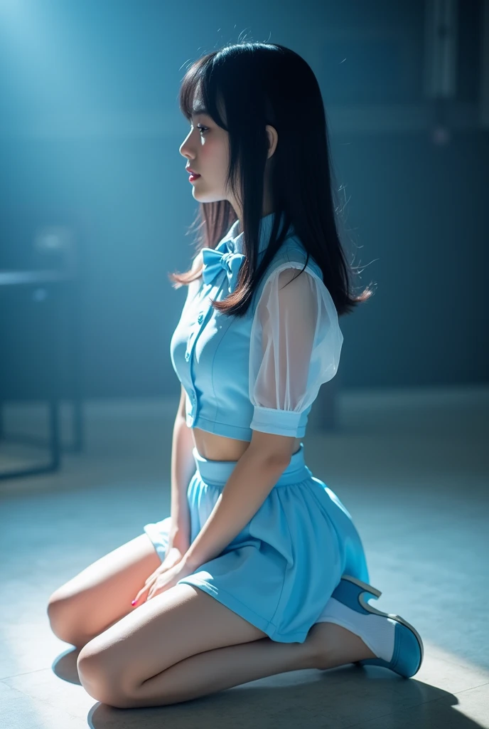 Long shot profile portrait photo of a beautiful cute girl, black medium straight hair, Japanese junior idol, , 50mm portrait, peformimg on single stage lighting, Top: light blue sweet collar, front button closure, (see through:1.5), light blue solid skirt and Matching Bow Tie, blue and white shoe, sitting, wide spread legs, Panty crotch cloth pressed hard against the dildo and inserted into the vagina,