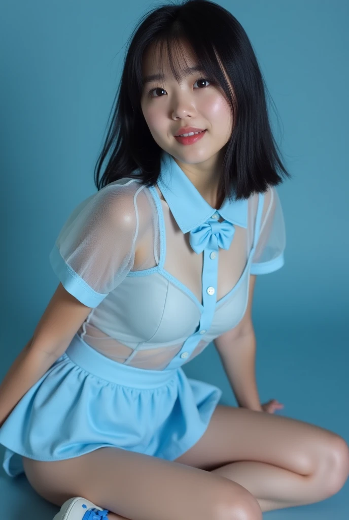 Long shot profile portrait photo of a beautiful cute girl, black medium straight hair, Japanese junior idol, , 50mm portrait, peformimg on single stage lighting, Top: light blue sweet collar, front button closure, (see through:1.5), light blue solid skirt and Matching Bow Tie, blue and white shoe, sitting, wide spread legs, Panty crotch cloth pressed hard against the dildo and inserted into the vagina,