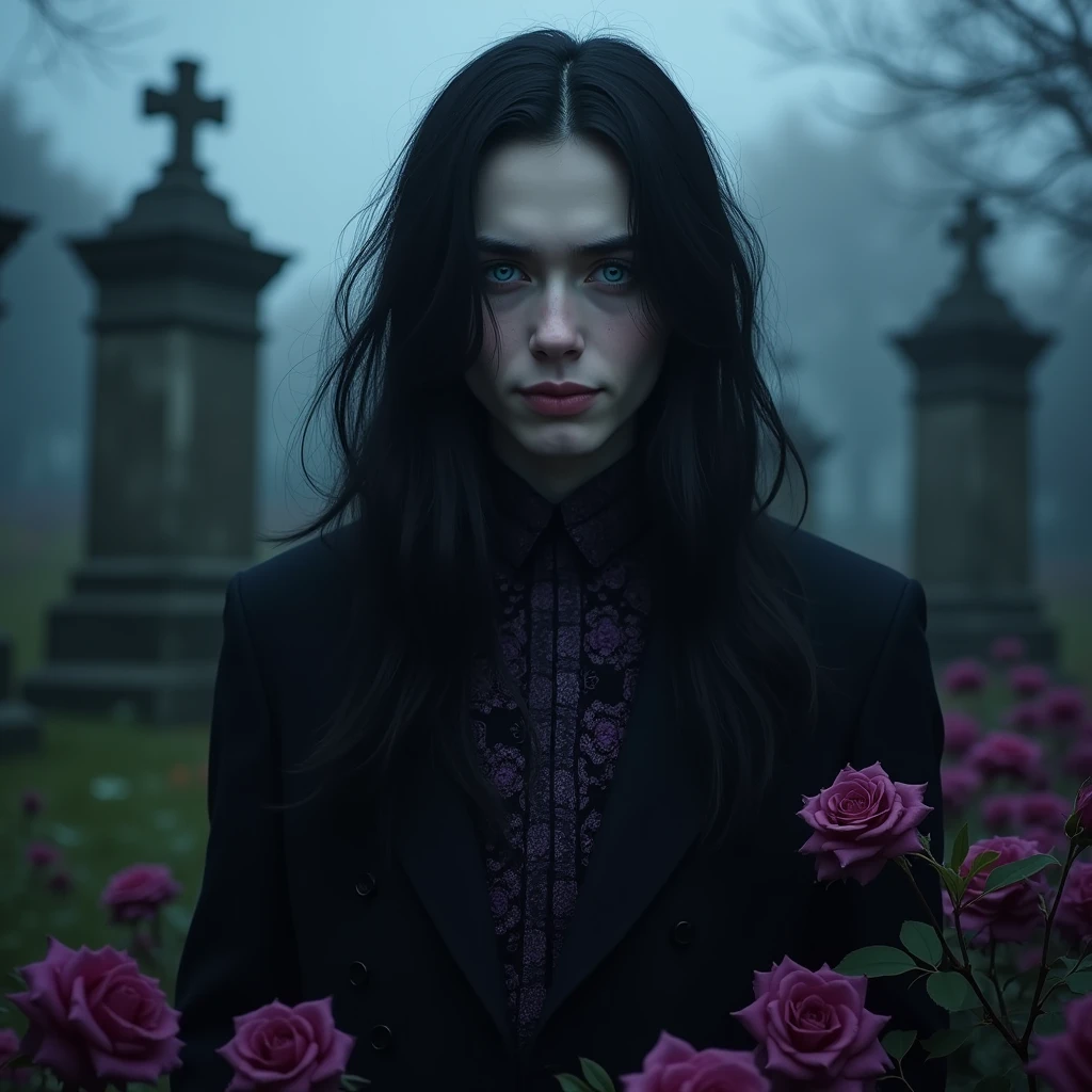 Male, sexy, long black hair, teal blue eyes, young, gothic clothes. delicate features, no facial hair, no body hair, seductive, white and pale. Roses. Purple and black. Long eyelashes. No facial hair. Man. Male. Smirking. No body or facial hair. Young male. Anime style. Male. Towering over the camera. Full body. Malicious. In a graveyard.