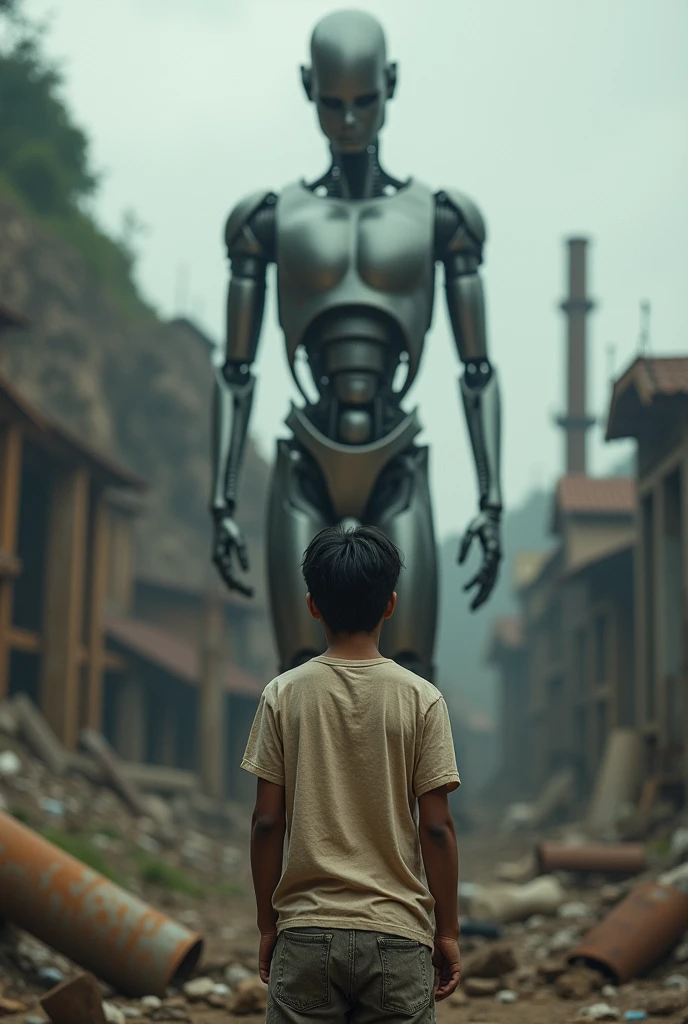 A dystopian future in Colombia where AIs win and there are few natural resources left. A 35-year-old HUMAN MAN, has brown eyes, long and angular face, short black hair, tez morena. Wear a worn-out PAJAMA top and pants that fit snugly and COVER THE SKIN. They have a devastated face.. It faces the physical and technological materialization of an artificial intelligence 