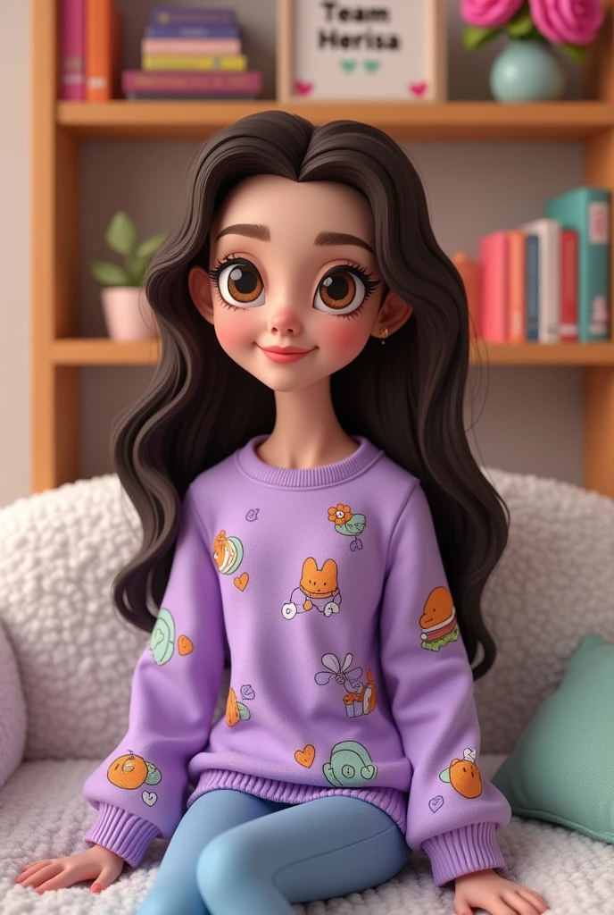 Create a detailed 3D model of a beautiful woman with a slender face, small eyes, light brown eyes, long wavy dark chocolate brown hair., with beautiful eyelashes, wearing a purple lilac sweatshirt that says HerIsa and has a mouse, a hamburger, and orange and green hearts drawn on it.  She is sitting on a white fluffy piece of furniture, with flowers and books on shelves in the background and a sign that says Team Herisa.♡
