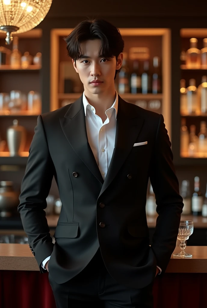A cool man, young man, red eyes,  black hair.