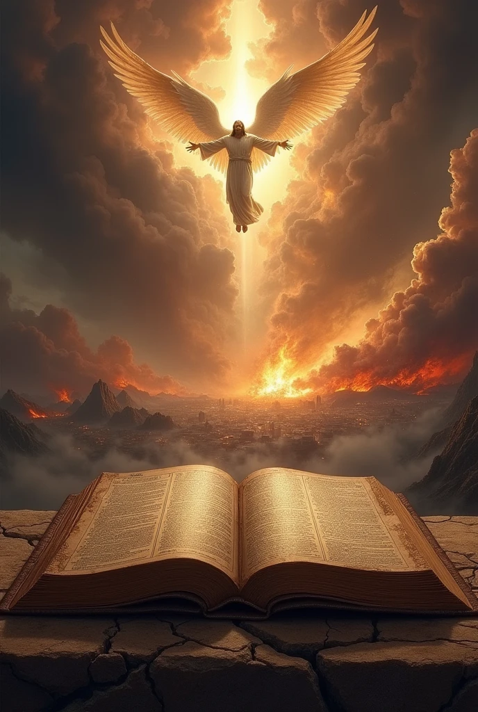 Create a book cover with a Bible and in the background the world in apocalypse and Jesus returning in the clouds with an army of angels , Everything realistic
