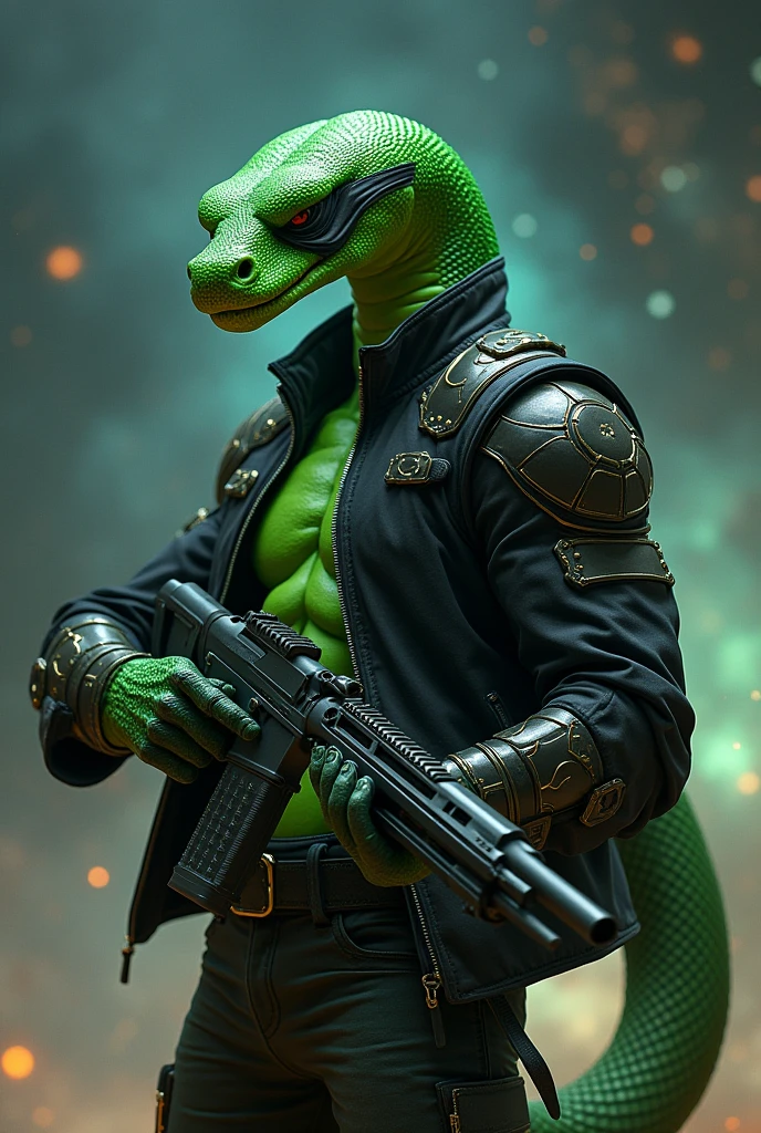 A green snake with arms and legs and a human body in a black jacket with a blindfold on the right eye, along with all space weapons and armor and muscles cat have armor