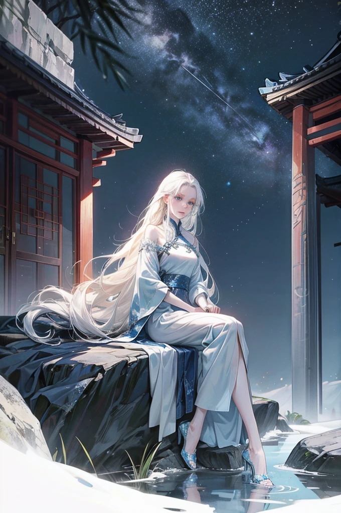 Painting of an albino woman looking at the sky, sitting on a rock while extending one of her hands, Long straight hair, bright blue eyes, clothing like that of ancient China, long dress revealing part of her legs, night sky