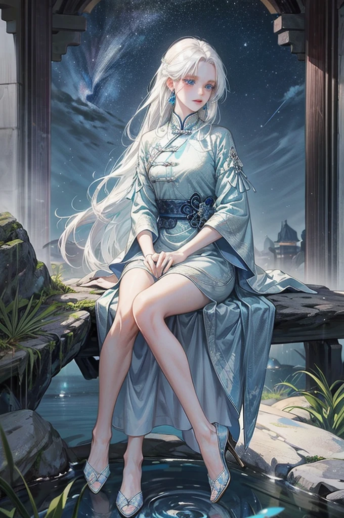 Painting of an albino woman looking at the sky, sitting on a rock while extending one of her hands, Long straight hair, bright blue eyes, clothing like that of ancient China, long dress revealing part of her legs, night sky