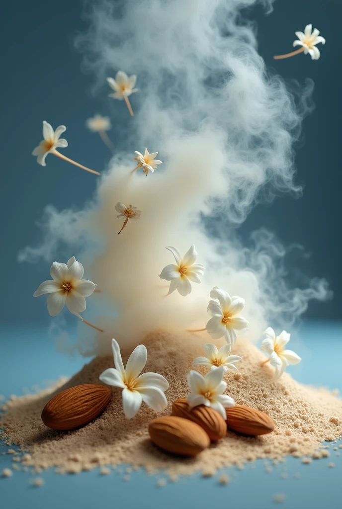 vainilla , with almonds split in half in the air coffee with sand , 
in a dark blue vanilla environment , with jasmine flowers and also sandalwood

