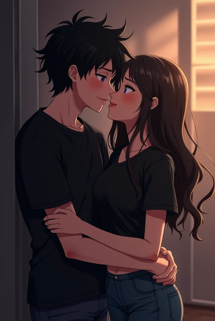 Create a full body image of a 21 year old anime boy and a girl boy kissing the girl, boy holds the girl's waist both having a mischievous smile which is shown clearly, dark lit room both wearing a black tshirt and a jeans but gil's wear a short jeans.