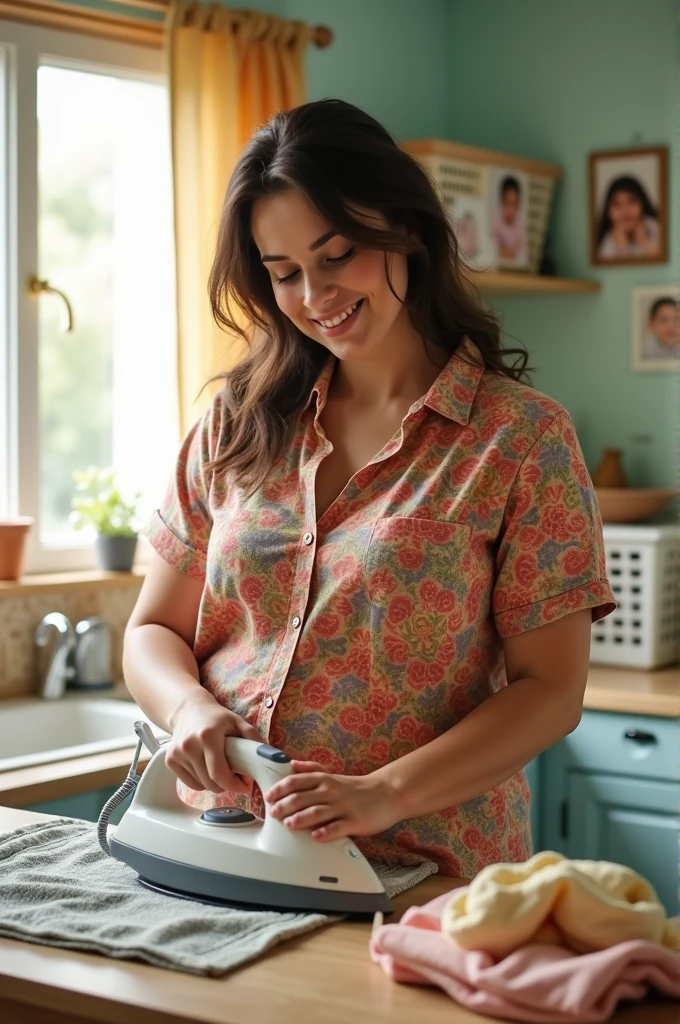 Chubby Busty brunette nude woman ironing 