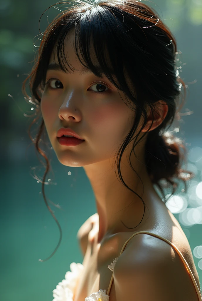 (((Full body image of a woman))),(Model shooting style), (shy), 1 girl, Lonely, Shiny black hair、 Extremely rich facial detail, Beautiful Eyes, cute, Slightly red cheeks,bright, Eyes, Stunning beauty, Front blur(Rembrandt Lighting), ARRI Lenses, Surreal, (Skin with attention to detail:1.2),4K,ARRI ALEXA LF,Promise, Dramatic Rim Light,Sparkle Effect, high quality,Very delicate and beautiful, wonderful, In detail, masterpiece, Very detailed, High resolution,Best Shot, Best Shadow,Complex,Sharp focus, high quality, 1 Japan woman, alone.cute,Fuka Koshiba,Yuki Sakurai,Magnificent waterfalls,water droplets,Wet,Lens flare,No sleeve,Frills,Beautiful breasts,Swallowtail butterfly,A butterfly flutters,Cool eyes,Glossy Lips,An ennui smile,Glowing Skin,Transparent skin,From above,Open your arms,Waistline,Beautiful nipples,((No shirt, Very good, Naked underneath, Bare chest, Barely covering her nipples)),((Wet, Her clothes are transparent, Her body and skin sweat)),((View from the rear, From above見た図, Bare back)),Bloom