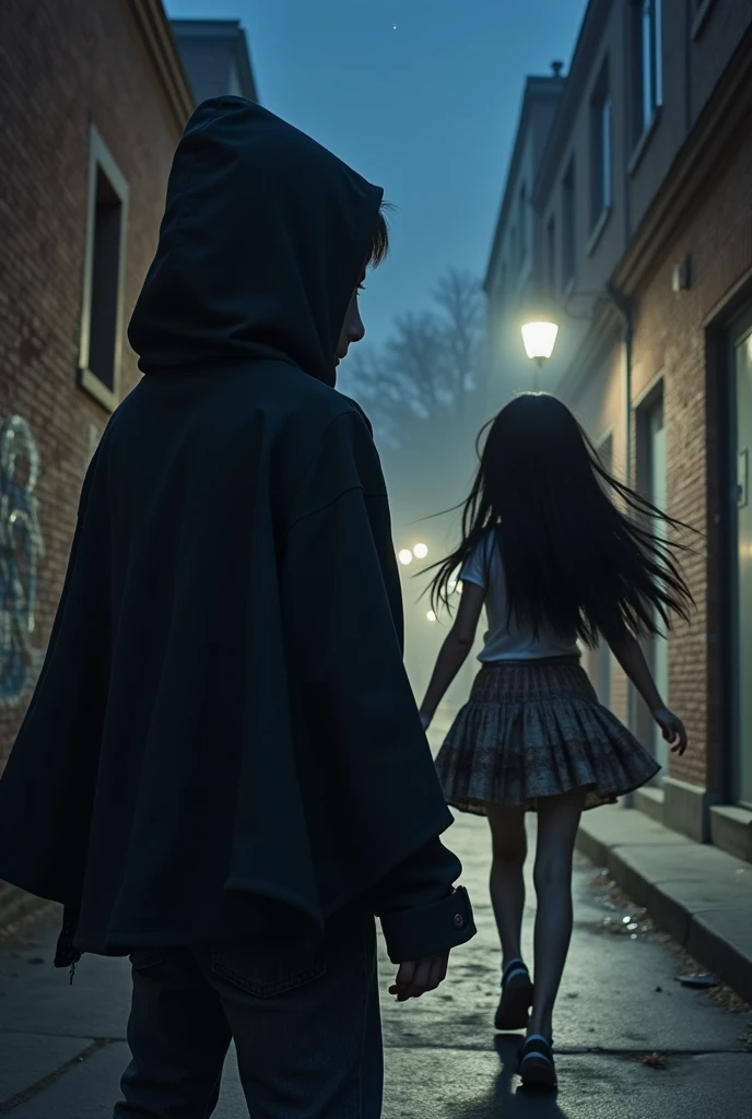 A hooded boy with his back turned, watching a girl with long black hair walk away with a mocking smile.