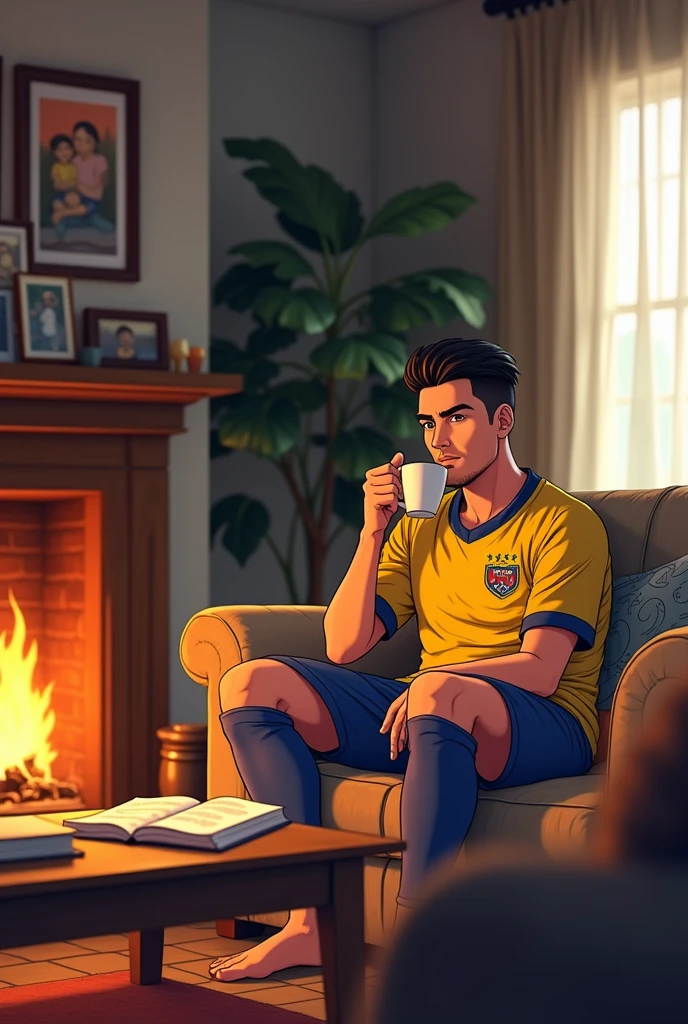 I want you to draw James Rodríguez wearing the Colombia jersey in the living room watching the fireplace and drinking coffee sitting in an anime style 