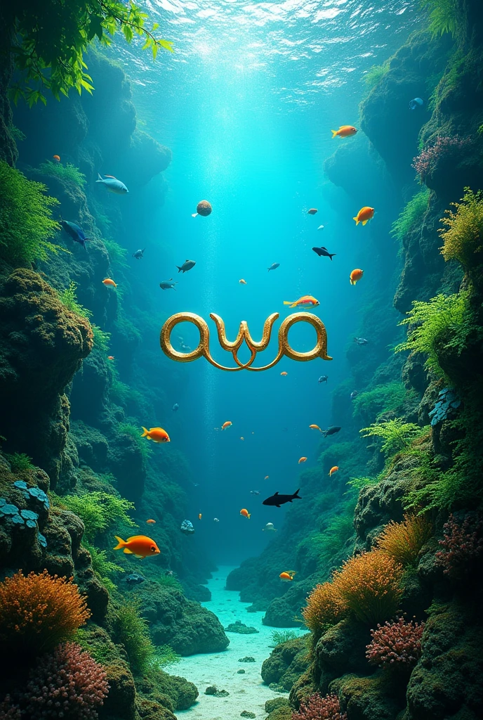 create an aquarium with plants and lots of fish with the logo of "awa"